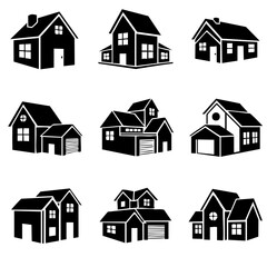 Set of Nine Stylized Black House Icons  Minimalist Vector Designs