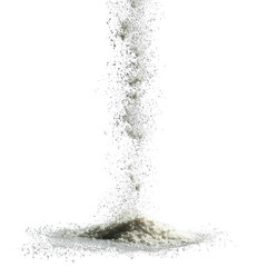 Fine white powder pouring and scattering, isolated on transparent background, representing a versatile ingredient or abstract texture