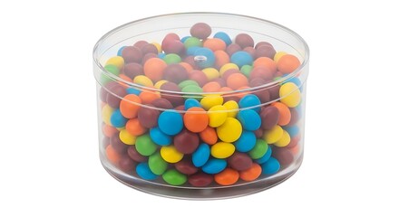 Colorful candy coated chocolate lentils in a clear plastic container on white background