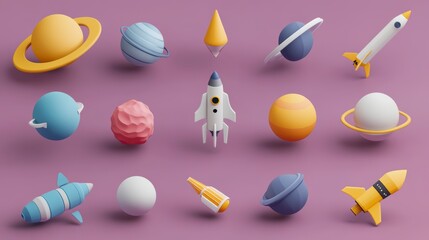 Colorful 3D render of planets, rockets, and asteroids on purple background.