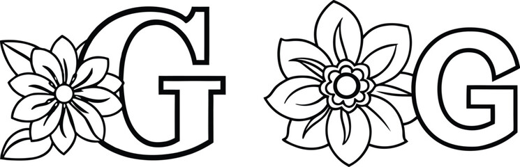 G letter Floral Alphabet Hand-drawn outline Illustration.