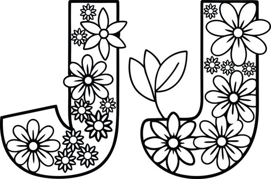 J letter Floral Alphabet Hand-drawn outline Illustration.