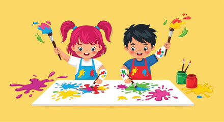 Vector illustration of small children painting on a large canvas with bright colors, wearing aprons, paint splashes around