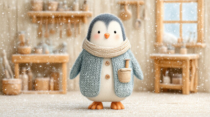 A cartoon penguin carpenter working in a snowy woodshop in 3D.