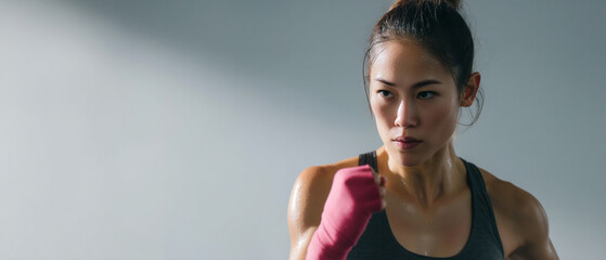 Asian female athlete shadowboxing focused determined pink hand wrap gym fitness strength