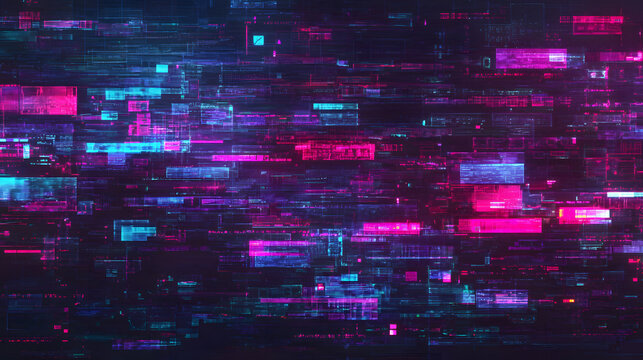 cyberpunk background with neon pink blue cyan and purple glow featuring glitches scanlines pixel distortion and corrupted circuits in a dark chaotic style