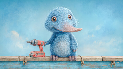 Cartoon platypus carpenter drilling holes in a whimsical scene.
