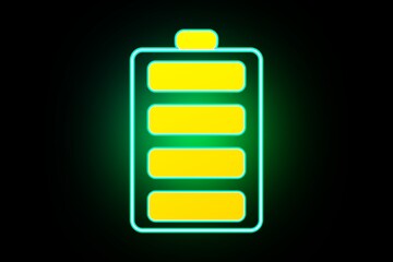 Neon glowing battery icon full charge with yellow energy cells