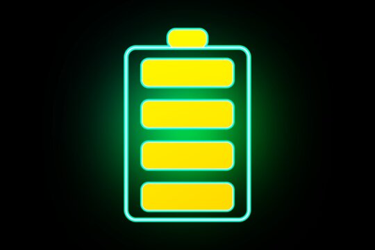 Neon glowing battery icon full charge with yellow energy cells