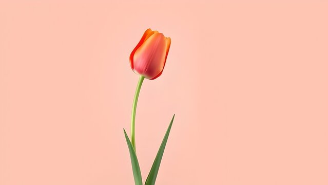 A single orange tulip stands tall against a soft pink background