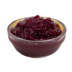 Delicious homemade cranberry sauce in glass bowl, appetizing holiday season treat