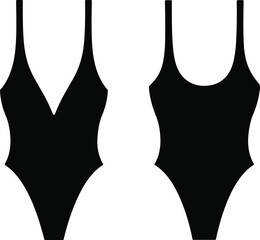 Cad drawing flat vector illustration of black one-piece swimsuit front and back view, classic swimwear design, stylish women’s bathing suit, summer beachwear fashion