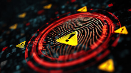 Digital fingerprint warning alert with red circle, cyber security threat, data breach, futuristic technology