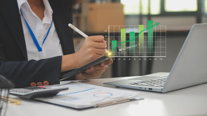Businessman showing profit chart goals. Financial tax, inflation statistics, wealth management. Stock market, trading success. Business innovation, strategic planning. future investment