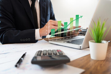 Businessman showing profit chart goals. Financial tax, inflation statistics, wealth management. Stock market, trading success. Business innovation, strategic planning. future investment