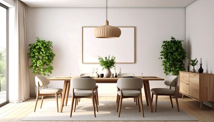 Fototapeta premium Minimalist dining room with wood table, light chairs, plants, and a large framed canvas