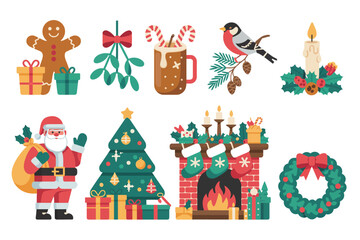 Festive christmas icons including santa claus and decorated fireplace