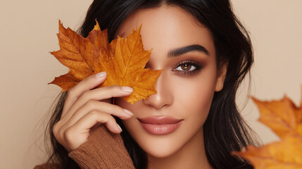 Beautiful woman with sleek dark hair holding autumn leaves near her face with warm makeup and soft smile