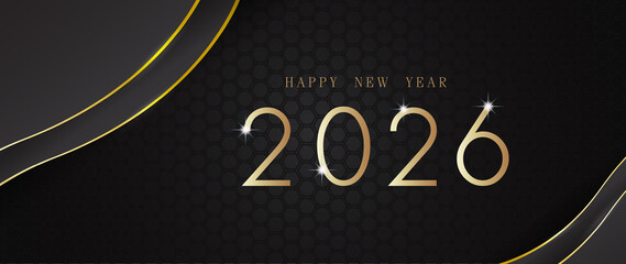 2026 Happy new year; Luxurious black and gold background design tutorial, Abstract black and gold lines luxury background.