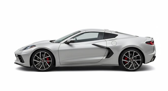 銀色スポーツカー 横姿 美しい光沢 滑らかなボディライン 力強いデザイン. AI Generated