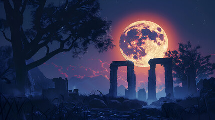 A full moon glowing behind ancient ruins and trees under a dreamy night sky with pink clouds
