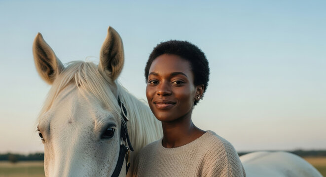 Confident young woman gently standing beside calm white horse outdoors under clear sky at golden hour, peaceful rural scene with authentic connection between human and animal