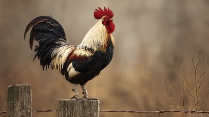 Majestic rooster stands proudly perched on a rustic wooden fence post