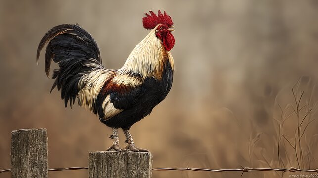Majestic rooster stands proudly perched on a rustic wooden fence post