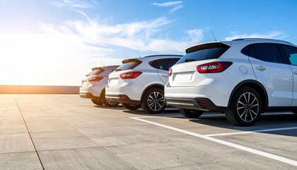 A row of three parked cars lined up neatly in an open parking lot under clear blue sky, reflecting light on clean surfaces. Suitable for marketing or business purposes