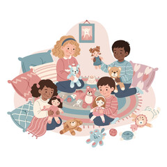 Vector of kids playing with stuffed animals and dolls in a cozy room, soft colors and happy mood
