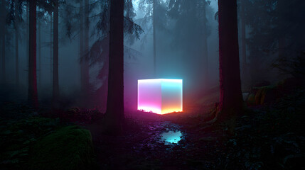 Obraz premium in a deep forest a mysterious cube emits a dim seven-colored light surrounded by thin mist creating an eerie and magical atmosphere in the shadows