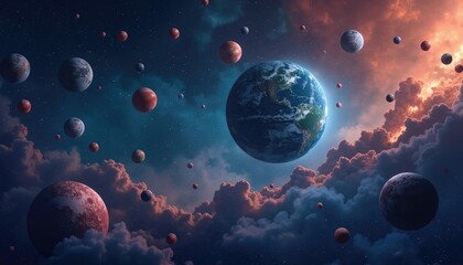 Obraz premium Celestial Convergence: Earth and Countless Moons in a Starry Expanse