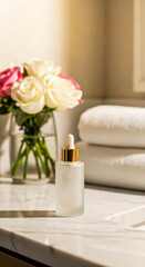 Serene Spa Day: Cosmetic Serum with Roses and Plush Towels