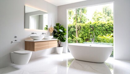 Modern minimalist bathroom with double sinks, freestanding tub, and large window overlooking lush greenery