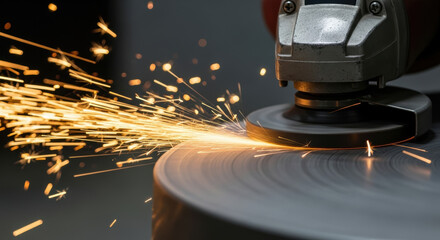 Close up of industrial worker using angle grinder to cut metal with bright flying sparks illustrating precision fabrication and manufacturing process in modern workshop