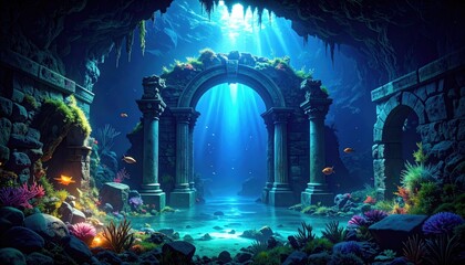 Sunlit Underwater Ruins: Ancient Stone Archway in a Vibrant Coral Reef Cave
