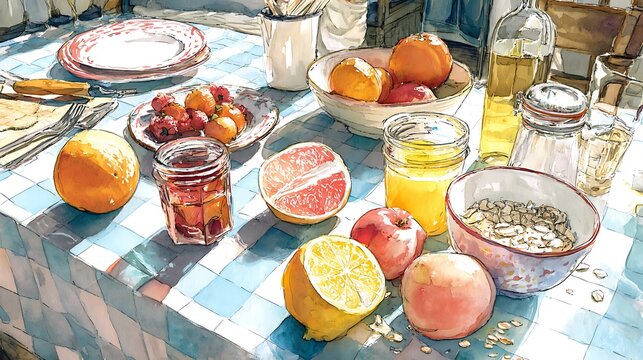 Sunny Watercolor Breakfast Table: Fresh Fruit, Oatmeal, and Juice