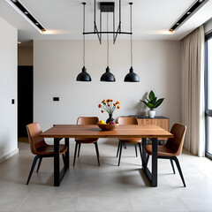 A contemporary dining room with a minimalist design, a wood-and-metal dining table, and industrial lighting that adds an urban feel