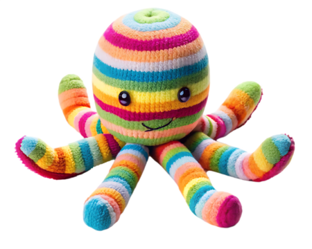 Colorful striped plush octopus toy isolated on white background, PNG.AI Generated.