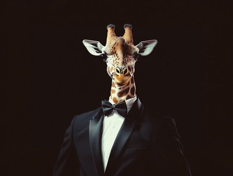 giraffe wearing suit and baw tie, AI generated video