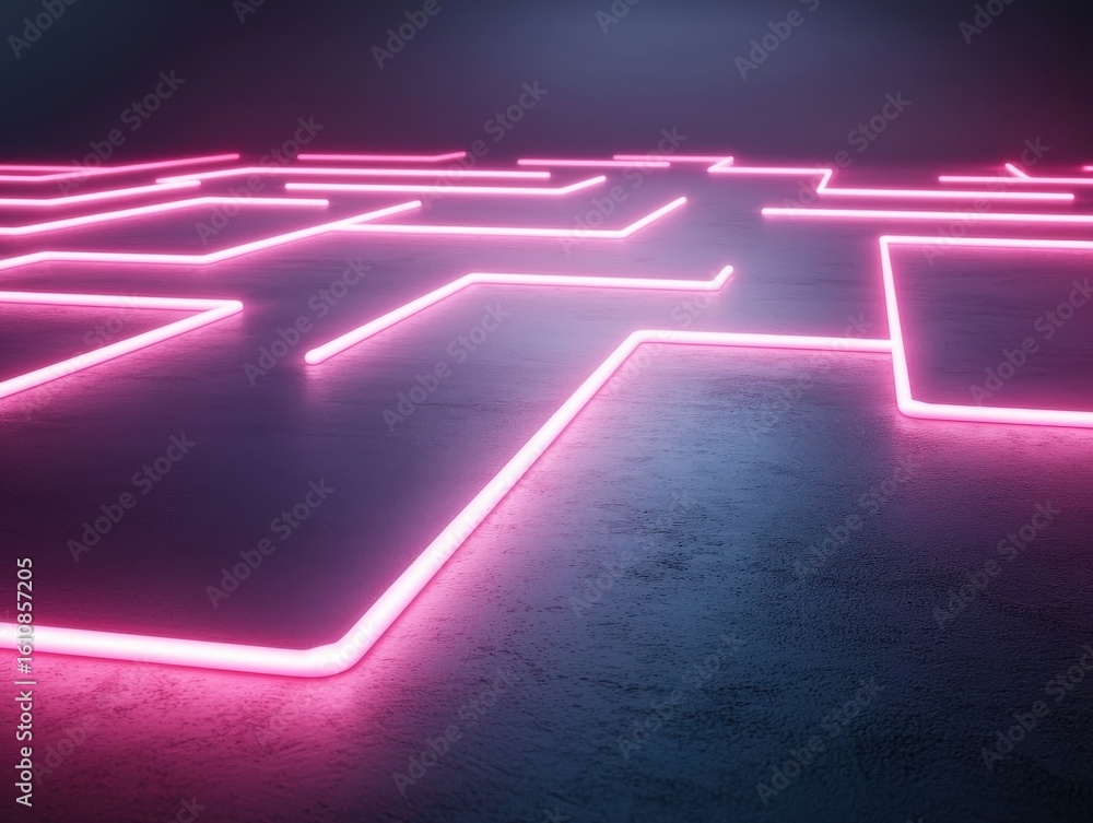 Aufkleber neon pink glowing lines form a futuristic, maze-like pattern on a dark textured surface, creating a 