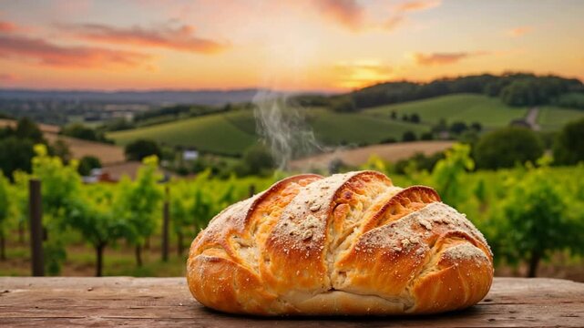 Fresh bread on wooden table in scenic landscape, showcasing golden crust and steam. Bread displays rustic charm against vineyard backdrop, fields, and serene sunset.