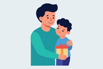 A loving father is holding his son who is holding a gift box