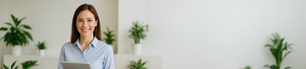 Banner  female receptionist smiling at camera while holding digital tablet at clean clinic reception desk, concept of patient care, appointment support, cognitive wellness