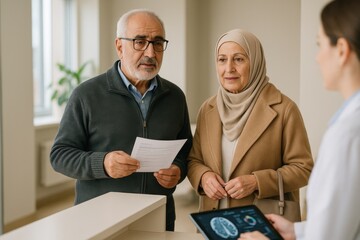 middle eastern elderly couple speaking with clinic receptionist near desk, soft light and calm mood, concept of memory care, cognitive support, aging together