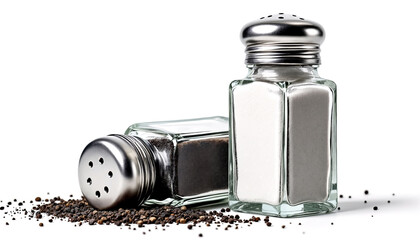 A close-up of two classic glass shakers, one filled with black pepper and the other with salt