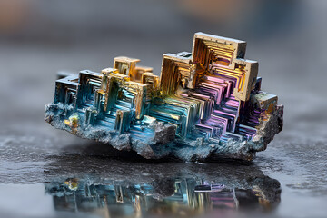 Colorful Bismuth Crystal with Geometric Patterns and Reflection