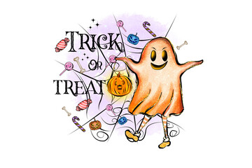 Trick or Treat Halloween Ghost with Candy and Stars Illustration and spiderwebs Sublimation Design isolated on transparent background