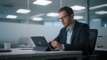 Businessman working on a tablet in a modern office setting.