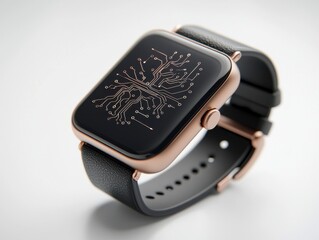 A sleek smartwatch with a black leather band displays a digital circuit tree design on its glossy screen against a white background.